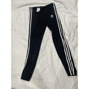 adidas Teens Black Leggings With 3 Stripes In White Size S 11-12Y